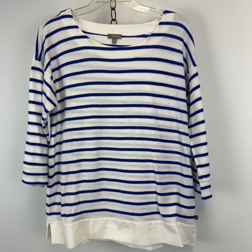 T by Talbots Blue White Striped Top‎ Size M 3/4 Sleeve